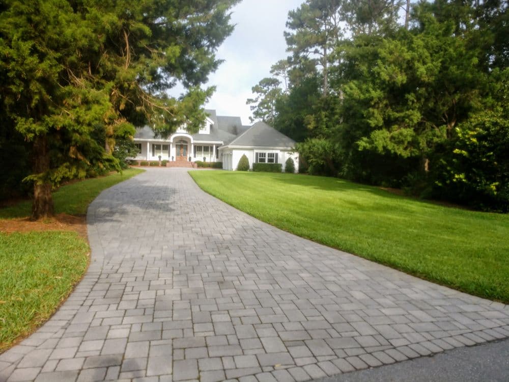 Elegant house with a spacious front yard and a paved driveway surrounded by trees.