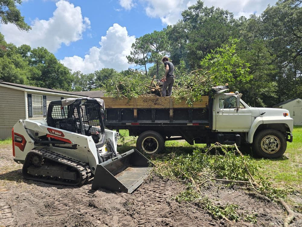 Bobcat skid steer loading tree debris into a dump truck on a sunny day.
